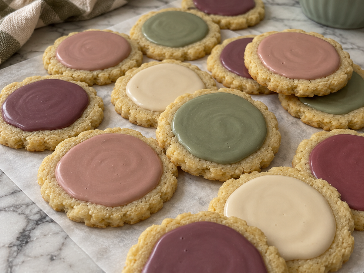 Close-up of Bougie Little Farm Thanksgiving sugar cookies in muted fall colors