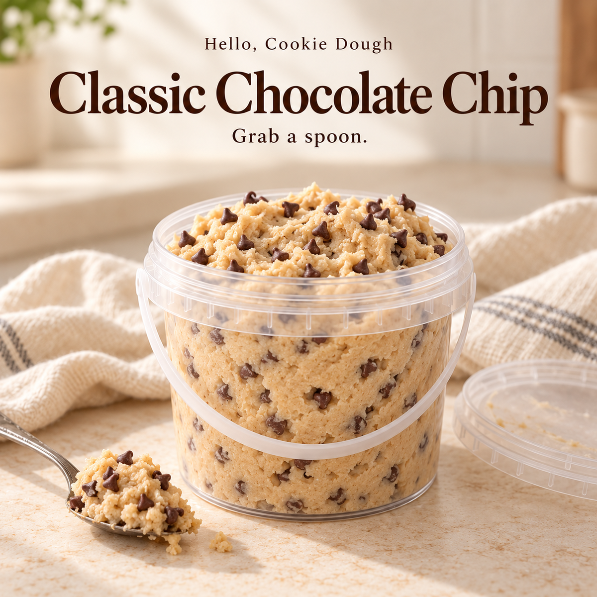 Classic Chocolate Chip Cookie Dough styled mockup in a clear handled bucket