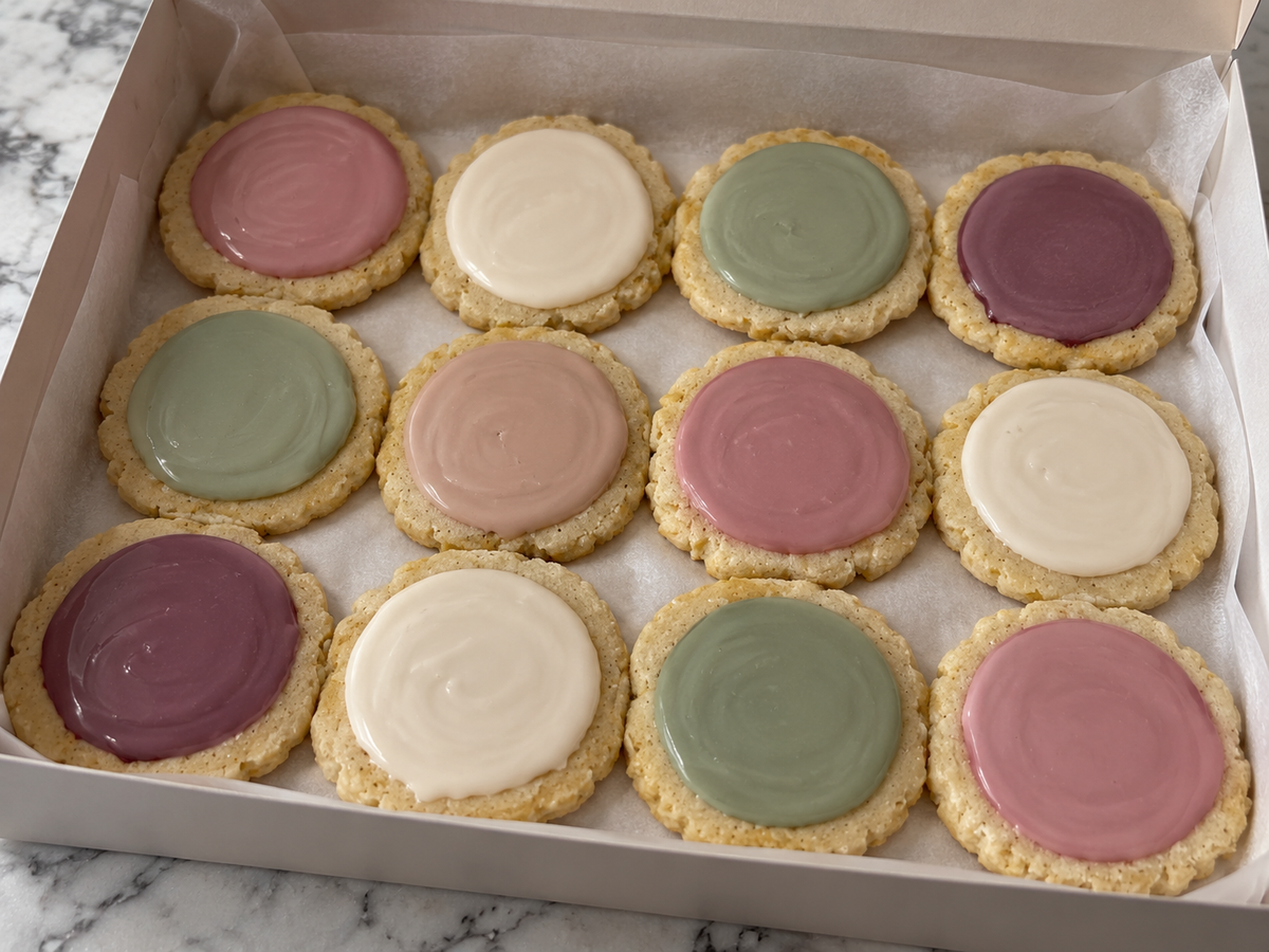 Bougie Little Farm Thanksgiving sugar cookies with mauve, sage, cream and plum frosting