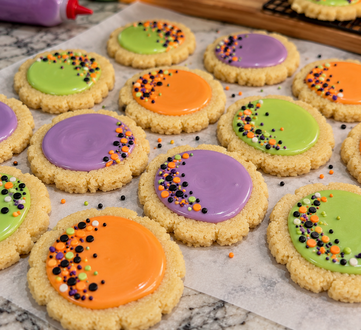 Halloween Should Be Famous Sugar Cookies with orange, purple and green icing and sprinkles