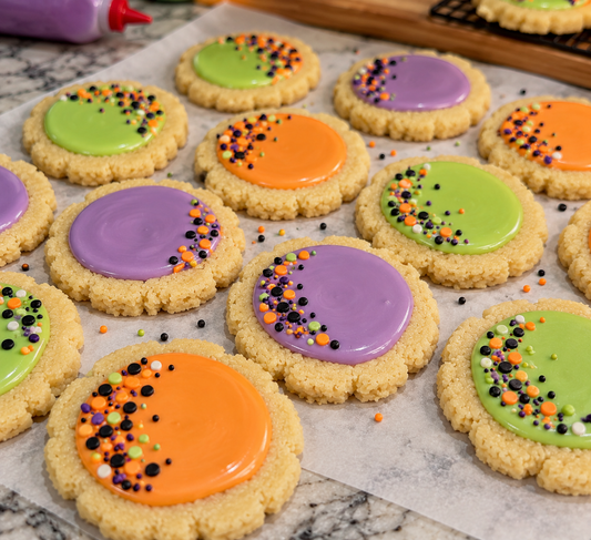 Halloween Should Be Famous Sugar Cookies with orange, purple and green icing and sprinkles